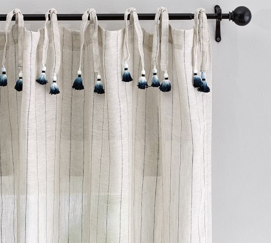 Striped Linen Tie Top Tassel Sheer Curtain Flax Pottery Barn