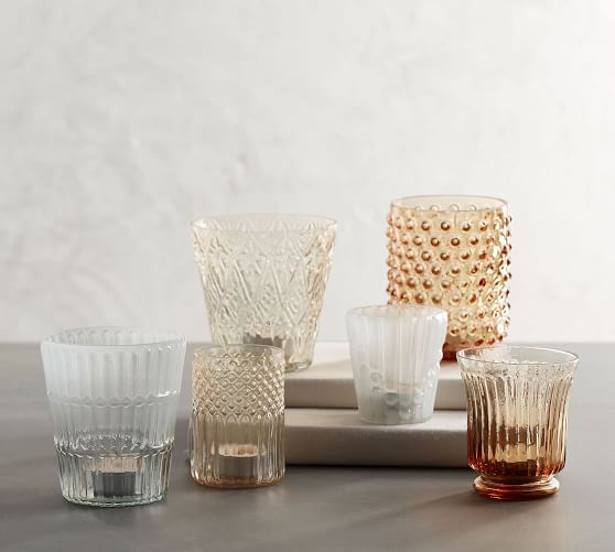 Pastel Pressed Glass Votive Holders Amber White Set Of 6