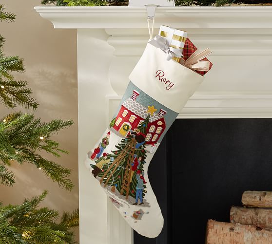 Whimsical Crewel Embroidered Stocking Tree Trimming Pottery Barn