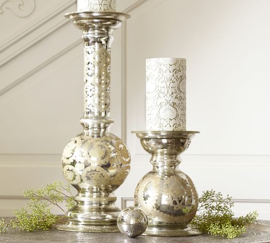 Etched Mercury Glass Pillar Holders Candle Holder Pottery Barn