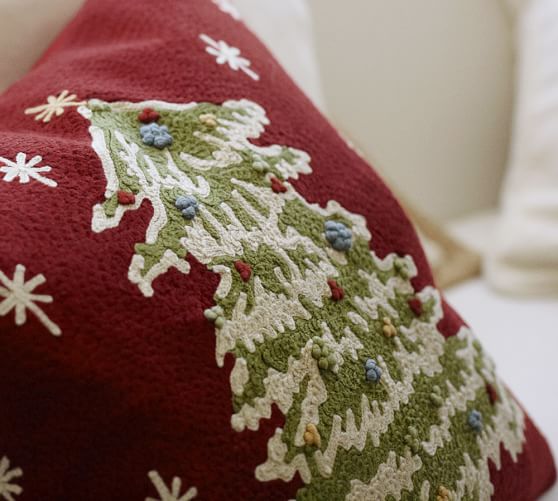 Christmas Tree Crewel Embroidered Decorative Pillow Cover