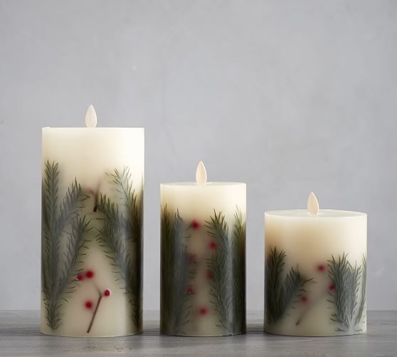 Premium Flicker Flameless Pine Inclusion Candle Green Pottery Barn