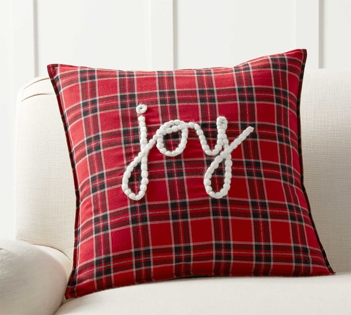 Plaid Joy Embroidered Pillow Cover - Come discover Christmas Decorating Plaids Buffalo Checks & American Country Style! #hellolovelystudio #farmhousechristmas #christmasdecor #plaid #buffalochecks #countrychristmas