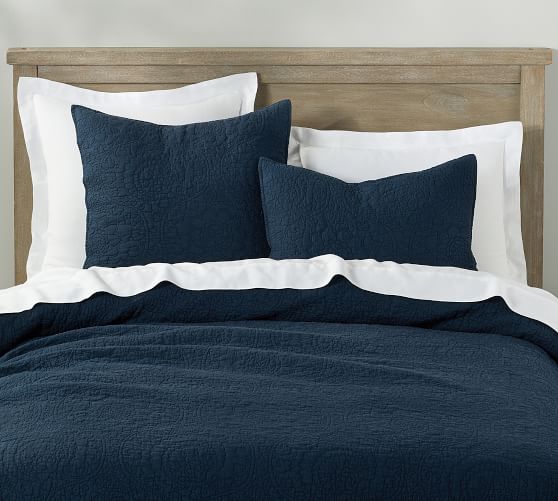 Midnight Belgian Flax Linen Floral Stitch Quilt Sham Pottery Barn