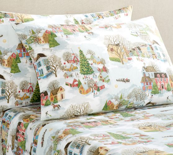 Snow Village Printed Flannel Sheet Set Cal King Multi Pottery