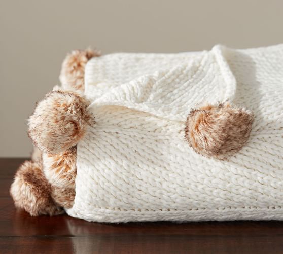 Faux Fur Pom Pom Knitted Throw Blanket Pottery Barn
