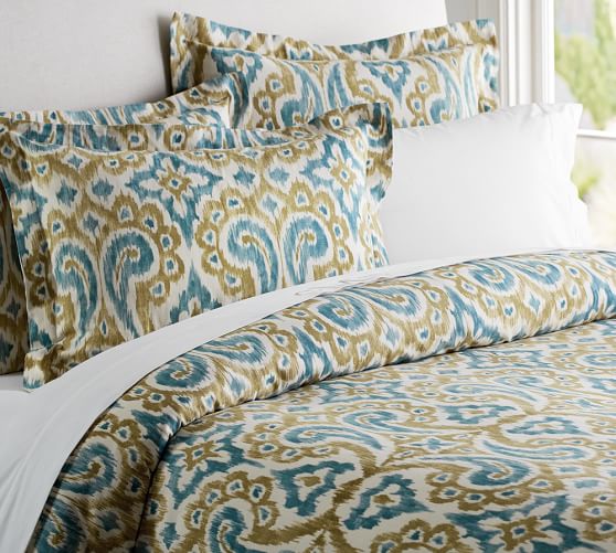 Phillipa Ikat Duvet Cover Full Queen Blue Gold Pottery Barn