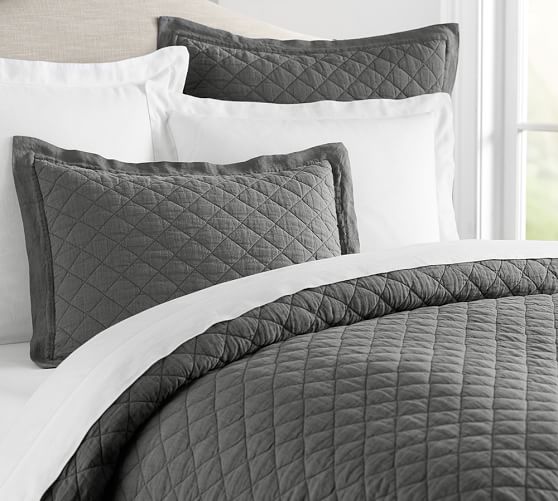 Belgian Flax Linen Diamond Quilt Full Queen Charcoal Pottery Barn