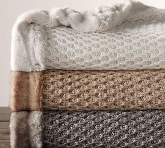 Crochet Knit Fur Trim Throw Blanket Pottery Barn
