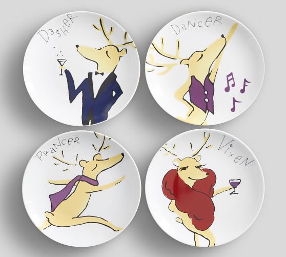 Santa S Reindeer Appetizer Plates Set Of 4 Assorted Pottery Barn