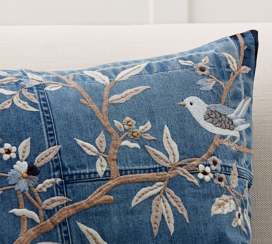 Denim Floral Embroidered Decorative Pillow Cover Pottery Barn