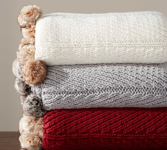 Faux Fur Pom Pom Knitted Throw Blanket Pottery Barn
