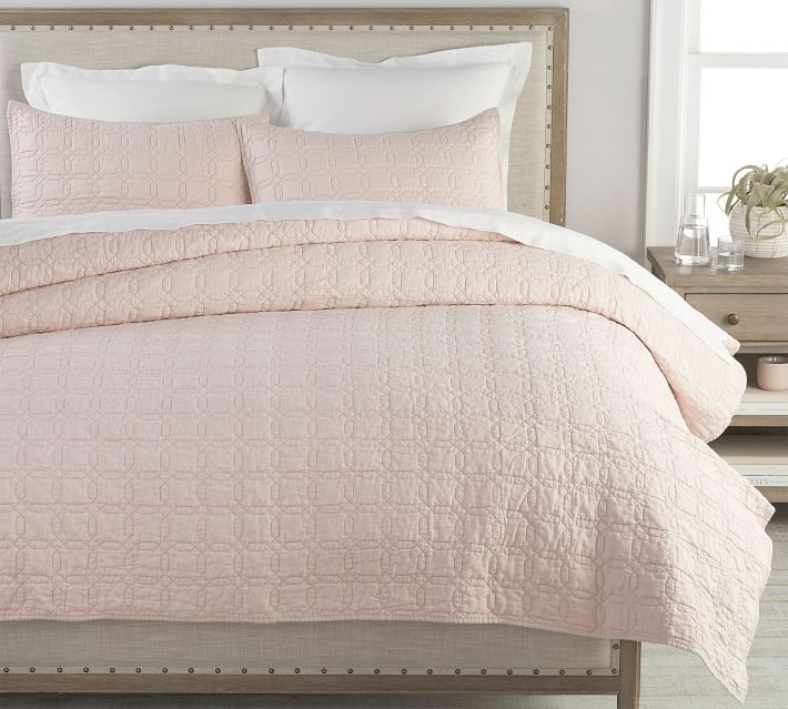 Belgian Flax Linen Trellis Quilt & Shams - Soft Rose from Pottery Barn. #palepink #bedding #homedecor #interiordesign #pinkquilts