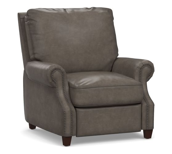 James Leather Recliner, Down Blend Wrapped Cushions, Burnished Wolf