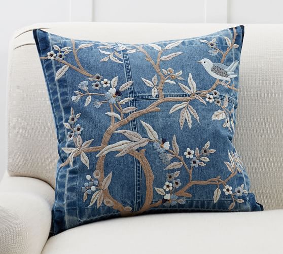 Denim Floral Embroidered Decorative Pillow Cover Pottery Barn