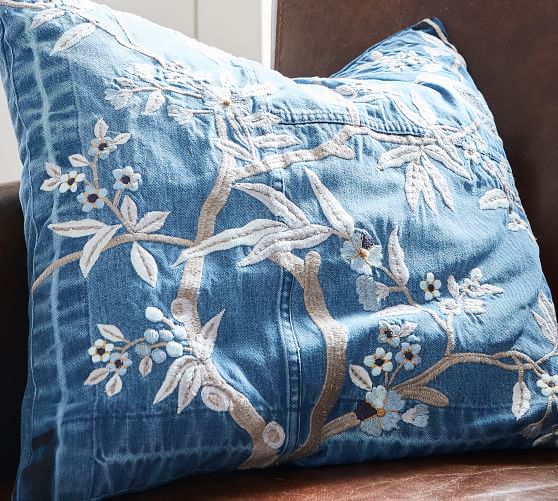 Denim Floral Embroidered Decorative Pillow Cover Pottery Barn