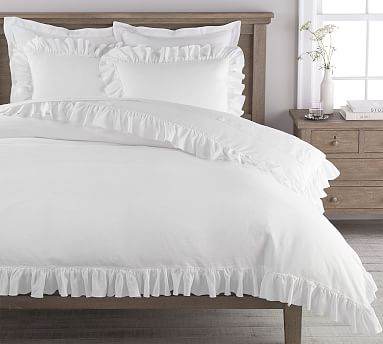 Belgian Flax Linen Raw Edge Ruffle Solid Duvet Cover White