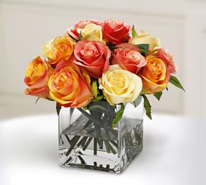 Faux Mixed Rose Arrangement In Glass Vase Artificial Flowers