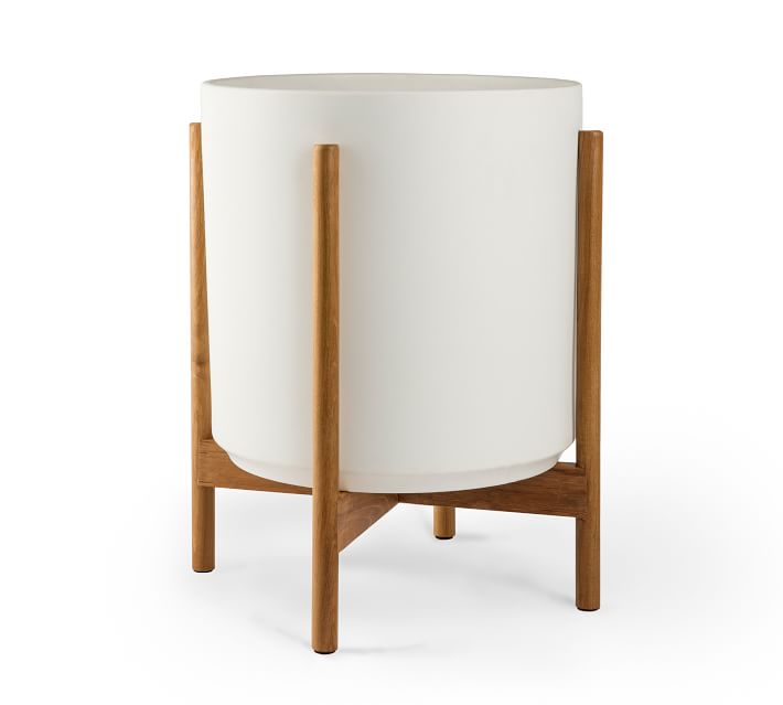 Modern White Ceramic Indoor Planters with Wooden Stand Pottery Barn