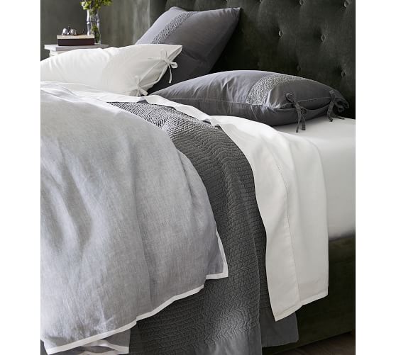 Belgian Flax Linen Contrast Duvet Cover Shams Smoke