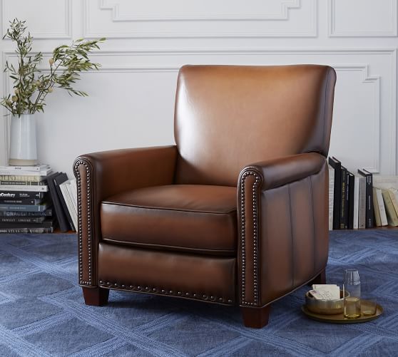 Irving Roll Arm Leather Recliner with Nailheads Pottery Barn