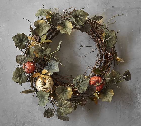 Lit Natural Pumpkin Wreath & Garland Pottery Barn