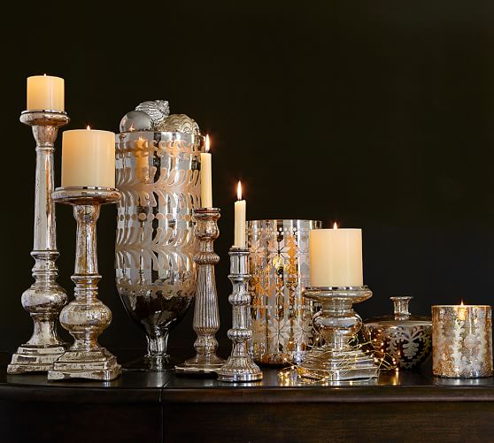 Large Silver Mercury Glass Candlestick Candle Holder