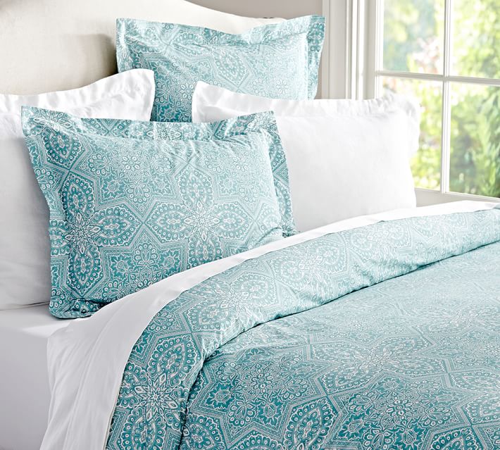 Aqua Blue Farrah Medallion Organic Patterned Duvet Cover & Sham