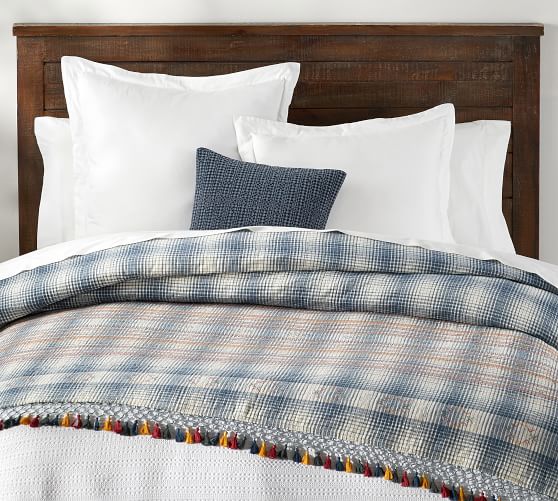 Cyress Embroidered Plaid Tassel Cotton Coverlet Pottery Barn
