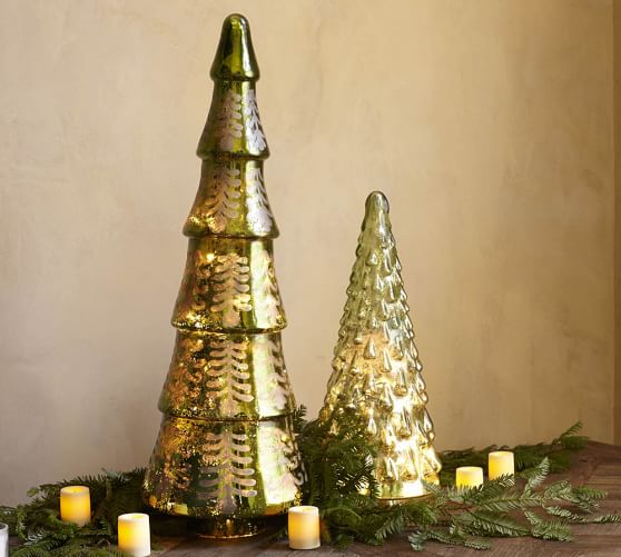 Pottery Barn Small Mini LIT MERCURY GLASS TREE Set Of 2 Christmas Decor New