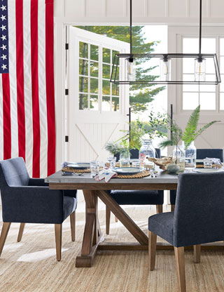Cologne PB Dining Room with American flag, red, white, and blue. Come be inspired by 4th of July Tablescapes, Patriotic Decor & USA Finds: Happy Birthday, America in case you're in the mood for American flag and red, white, and blue festive finds.