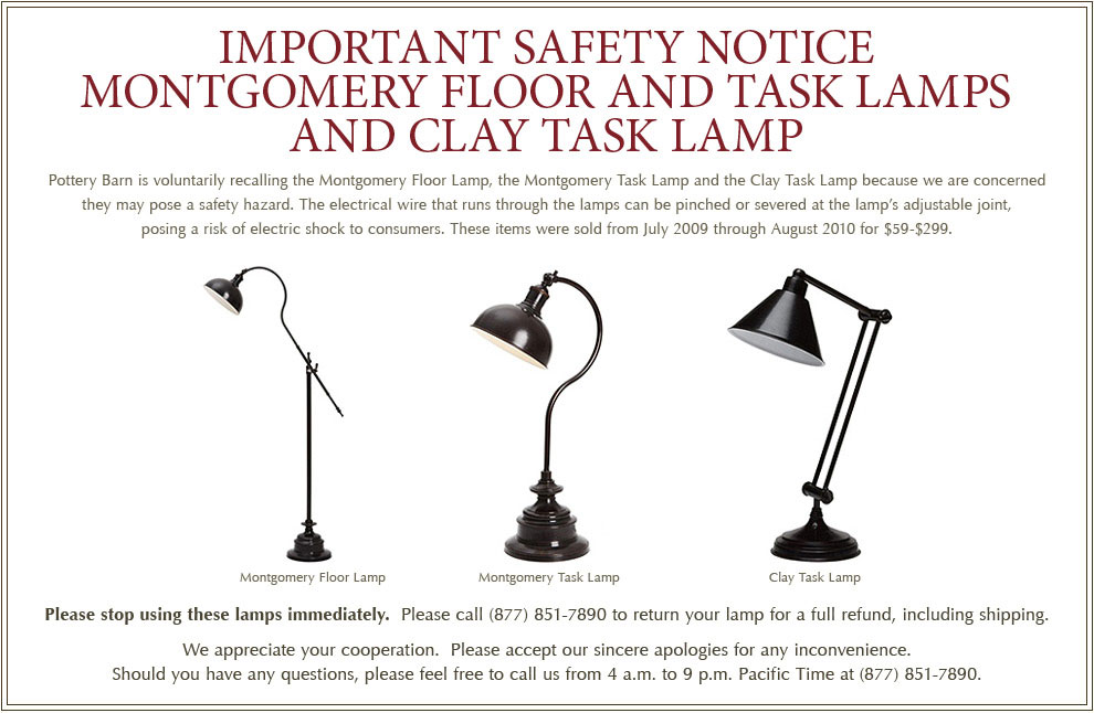 Recall Lamps Pottery Barn
